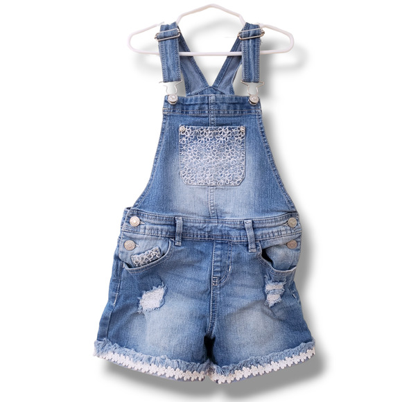 Jordache 7-8 Girls Denim Distressed Shortalls Overalls - Picture 1 of 6
